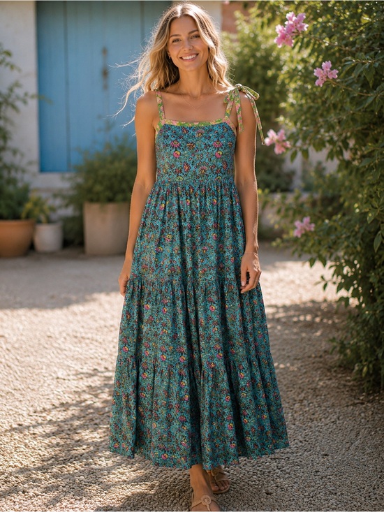 NATURAL LIFE Dresses & Skirts - Natural Life Floral Tie Strap Maxi Dress Blue Pink Boho Size Small